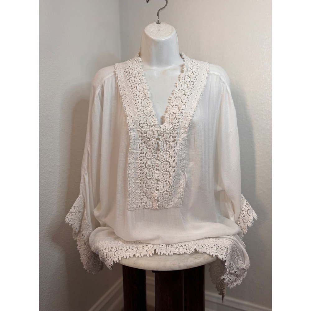 Coastal Boho White Crochet Lace Tunic Wide Bell Sleeve Peasant Blouse Size 2 L